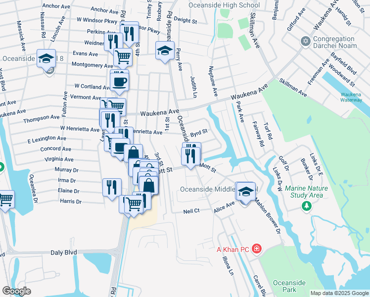 map of restaurants, bars, coffee shops, grocery stores, and more near 3412 Oceanside Road in Oceanside