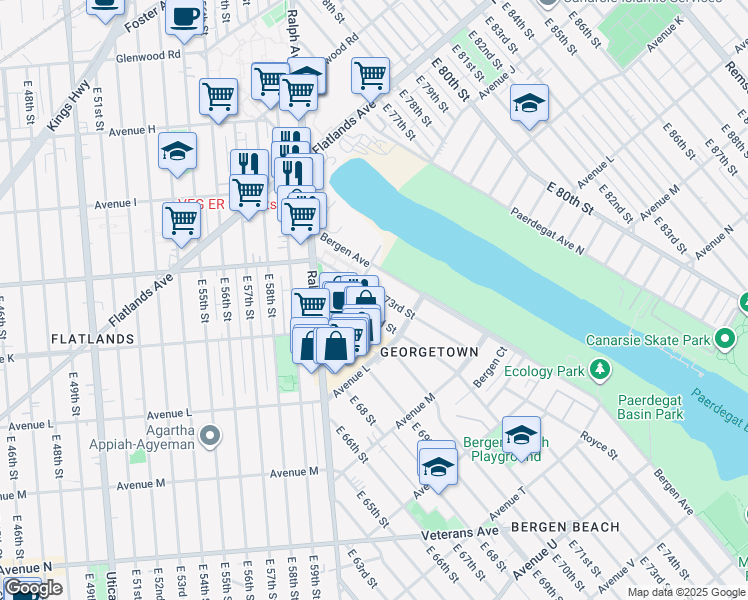 map of restaurants, bars, coffee shops, grocery stores, and more near 1128 East 73rd Street in Brooklyn