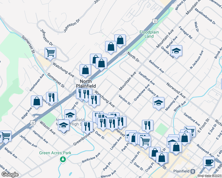 map of restaurants, bars, coffee shops, grocery stores, and more near 40 Regent Street in North Plainfield