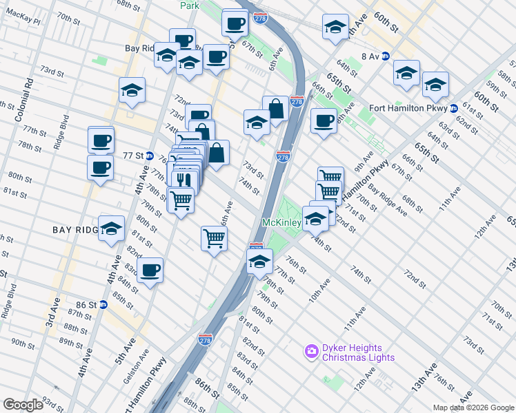 map of restaurants, bars, coffee shops, grocery stores, and more near 647 Bay Ridge Parkway in Brooklyn