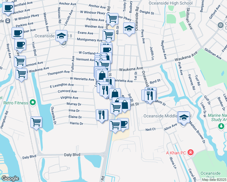 map of restaurants, bars, coffee shops, grocery stores, and more near 3421 5th Street in Oceanside