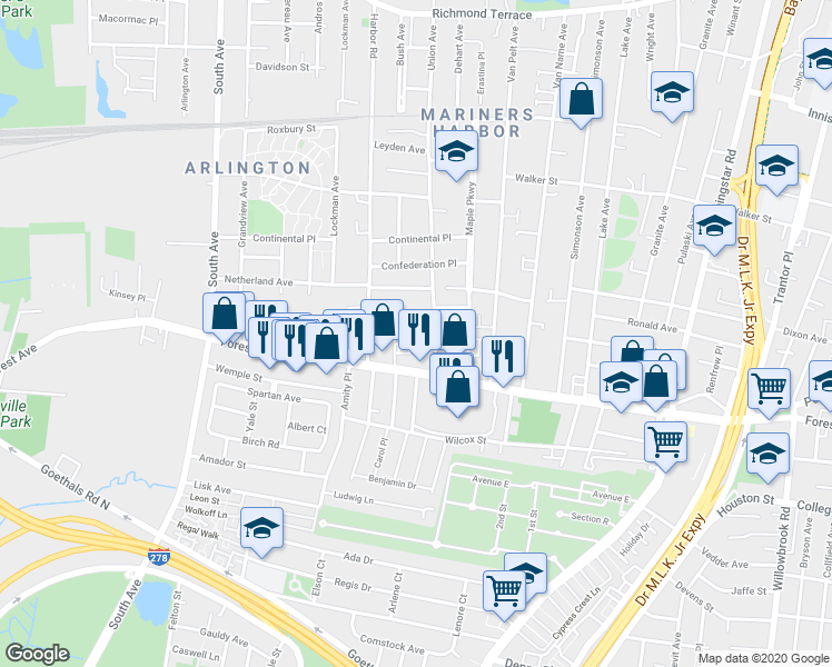 map of restaurants, bars, coffee shops, grocery stores, and more near 370 Union Avenue in Staten Island