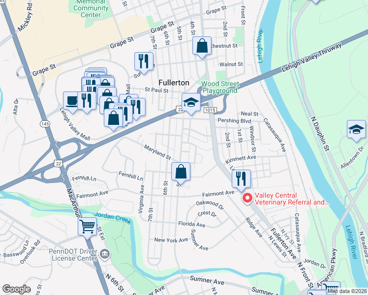 map of restaurants, bars, coffee shops, grocery stores, and more near 435 5th Street in Fullerton