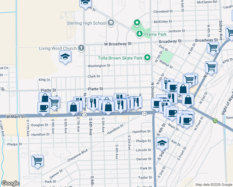 map of restaurants, bars, coffee shops, grocery stores, and more near 220 North 4th Avenue in Sterling
