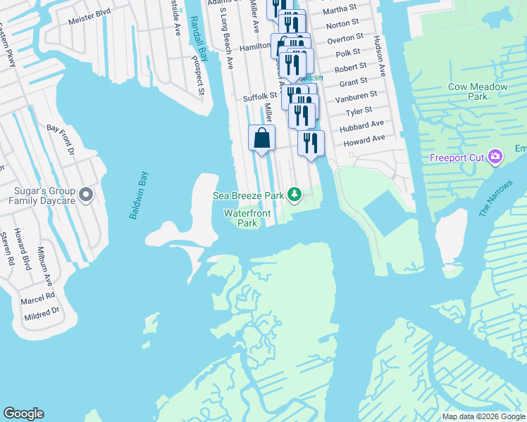 map of restaurants, bars, coffee shops, grocery stores, and more near 622 Nassau Avenue in Freeport