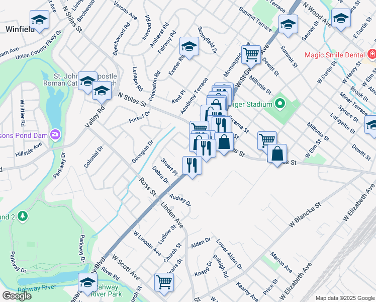 map of restaurants, bars, coffee shops, grocery stores, and more near 1121 Karen Terrace in Linden