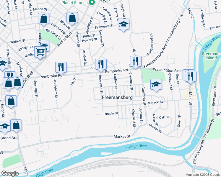 map of restaurants, bars, coffee shops, grocery stores, and more near 920 Karoly Street in Freemansburg