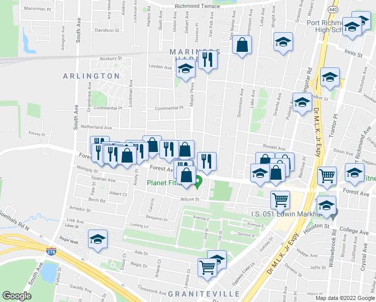 map of restaurants, bars, coffee shops, grocery stores, and more near 244 Maple Parkway in Staten Island