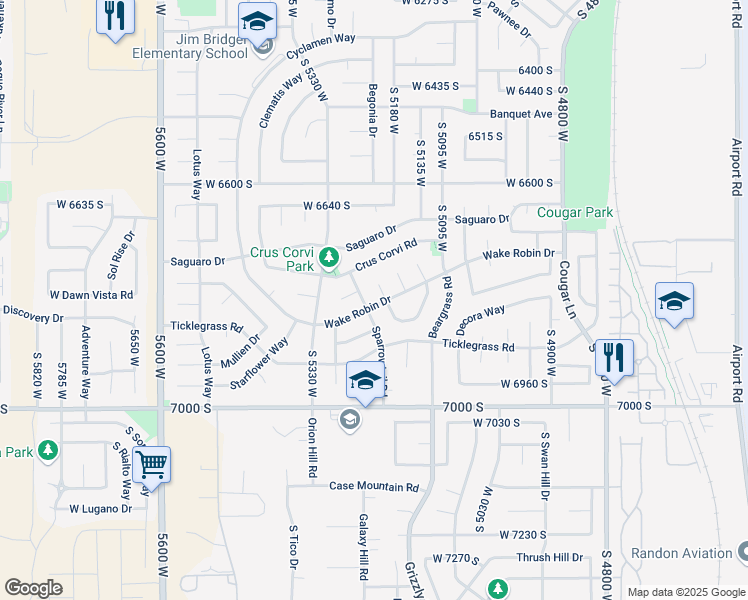 map of restaurants, bars, coffee shops, grocery stores, and more near 5214 Wake Robin Drive in West Jordan
