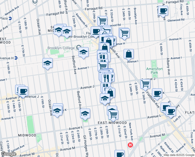 map of restaurants, bars, coffee shops, grocery stores, and more near 962 East 29th Street in Brooklyn