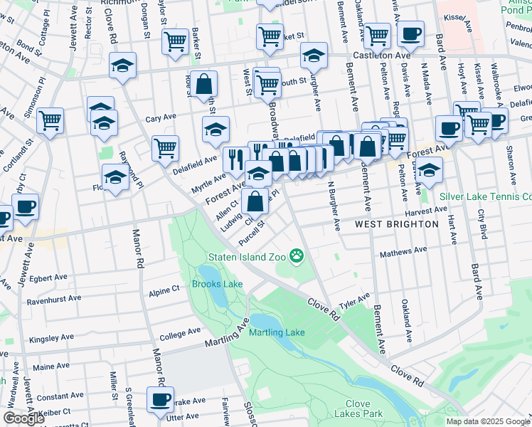 map of restaurants, bars, coffee shops, grocery stores, and more near 94 Purcell Street in Staten Island