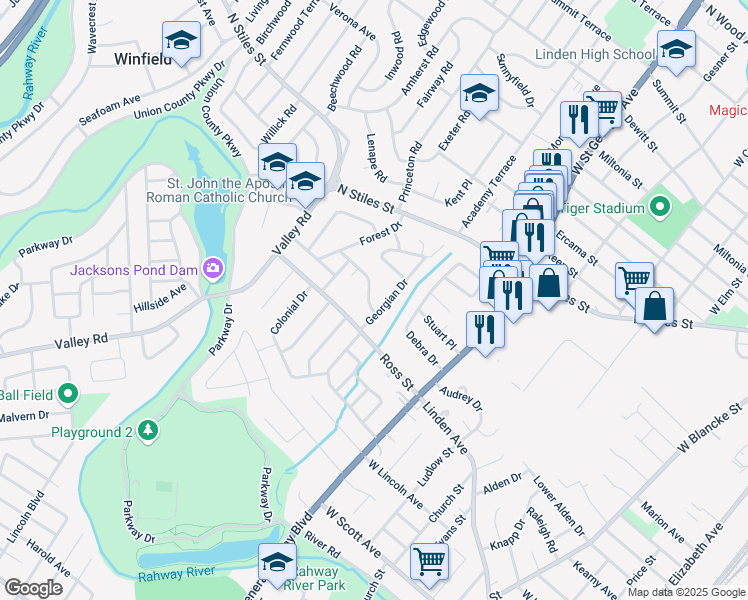 map of restaurants, bars, coffee shops, grocery stores, and more near 5 Rose Terrace in Clark