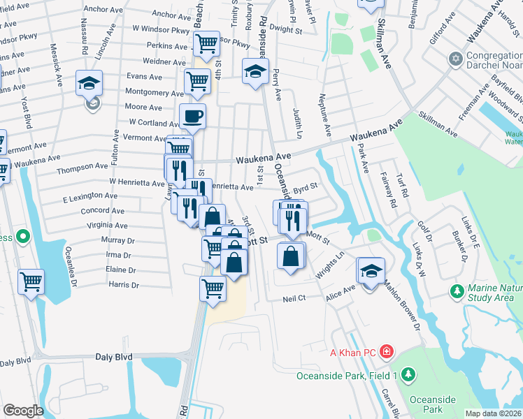 map of restaurants, bars, coffee shops, grocery stores, and more near 3419 2nd Street in Oceanside