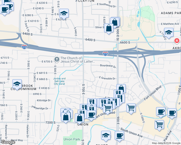 map of restaurants, bars, coffee shops, grocery stores, and more near 723 Dorado Court in Midvale