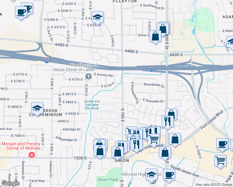 map of restaurants, bars, coffee shops, grocery stores, and more near 659-661 Angie Circle South in Midvale