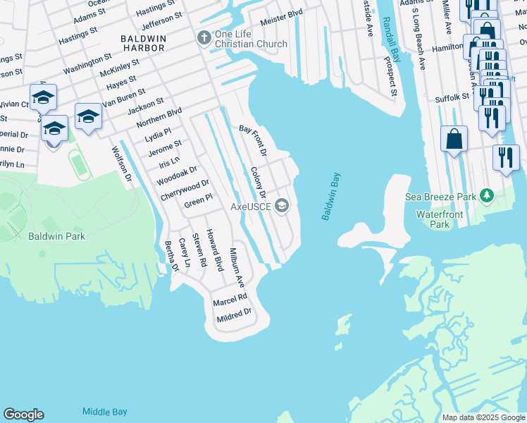 map of restaurants, bars, coffee shops, grocery stores, and more near 3434 Colony Drive in Baldwin