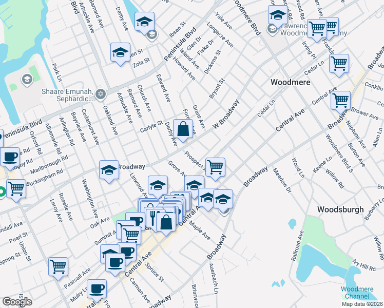 map of restaurants, bars, coffee shops, grocery stores, and more near 228 Prospect Avenue in Woodmere