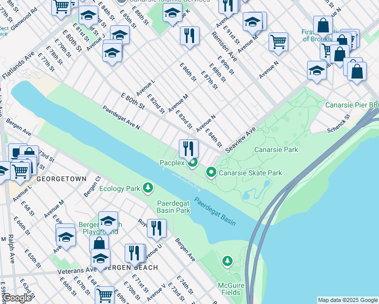 map of restaurants, bars, coffee shops, grocery stores, and more near 18 Paerdegat 14th Street in Brooklyn