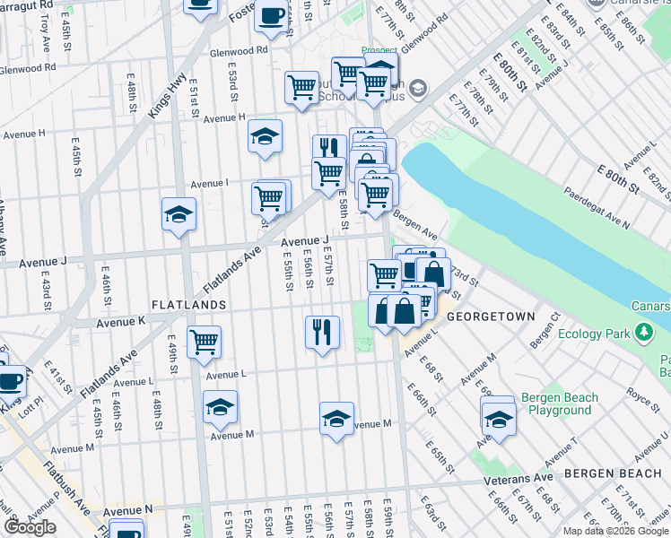 map of restaurants, bars, coffee shops, grocery stores, and more near 1109 East 58th Street in Brooklyn
