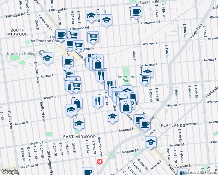 map of restaurants, bars, coffee shops, grocery stores, and more near 3611 Avenue J in Brooklyn