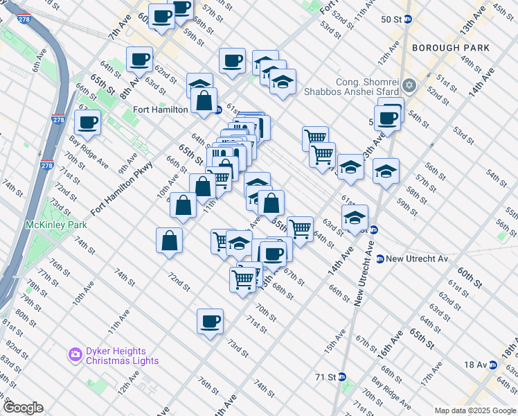map of restaurants, bars, coffee shops, grocery stores, and more near 1175 65th Street in Brooklyn