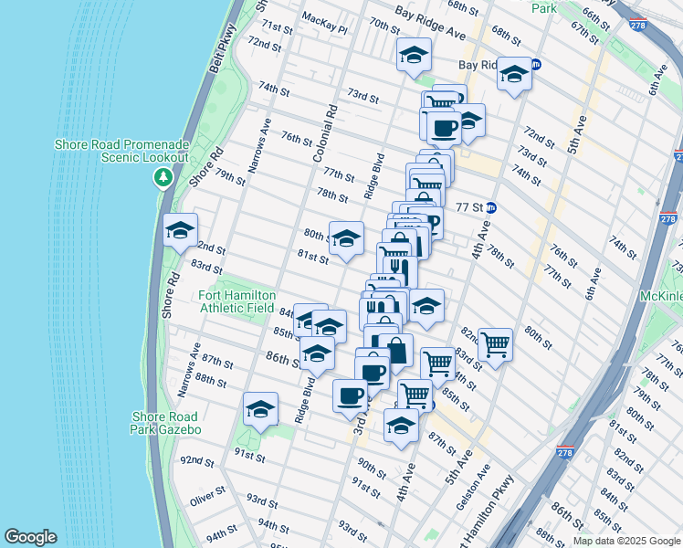 map of restaurants, bars, coffee shops, grocery stores, and more near 192 81 Street in Brooklyn