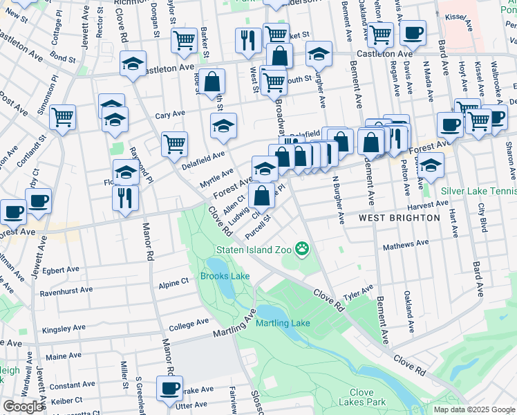 map of restaurants, bars, coffee shops, grocery stores, and more near 21 Clove Lake Place in Staten Island