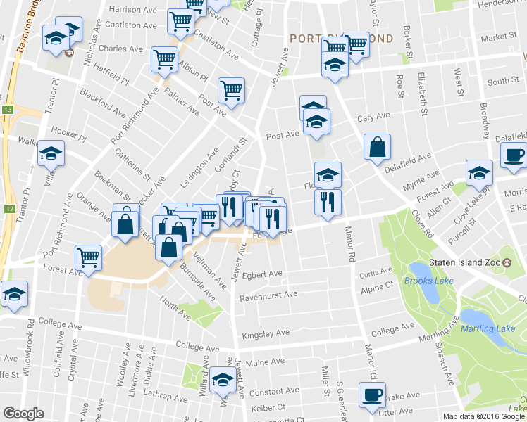 map of restaurants, bars, coffee shops, grocery stores, and more near 106A Llewellyn Place in Staten Island