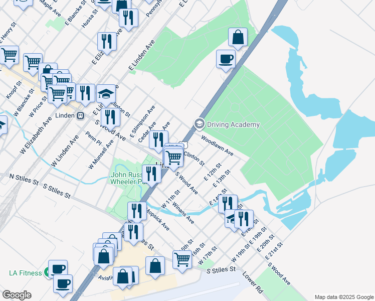 map of restaurants, bars, coffee shops, grocery stores, and more near 111 East 10th Street in Linden