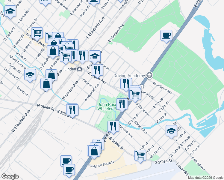 map of restaurants, bars, coffee shops, grocery stores, and more near 530 South Wood Avenue in Linden