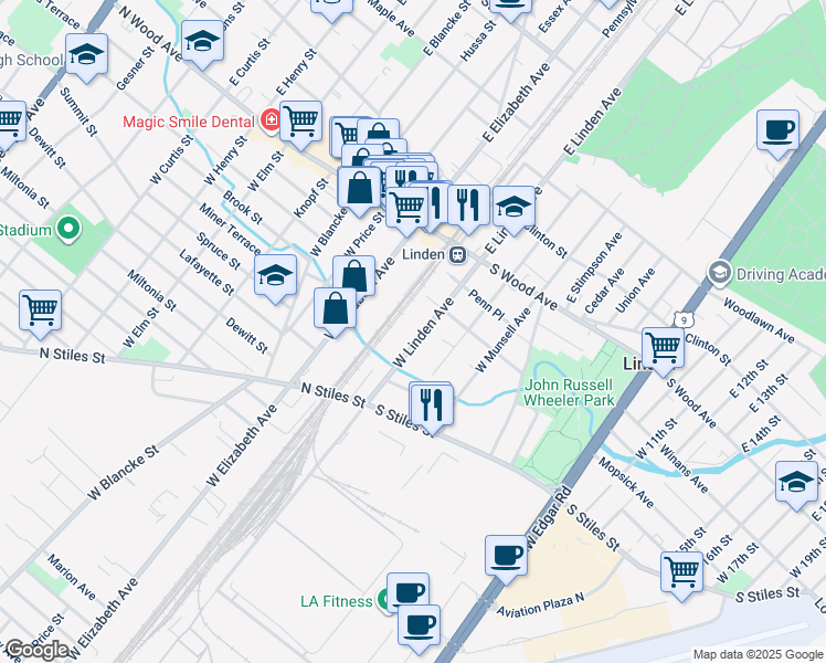 map of restaurants, bars, coffee shops, grocery stores, and more near 244 West Linden Avenue in Linden