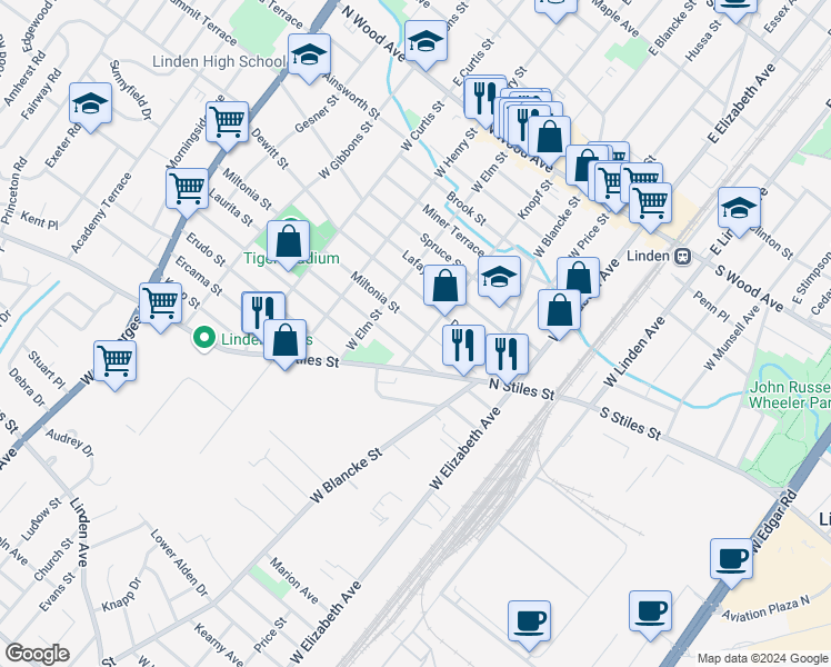map of restaurants, bars, coffee shops, grocery stores, and more near 717 Knopf Street in Linden