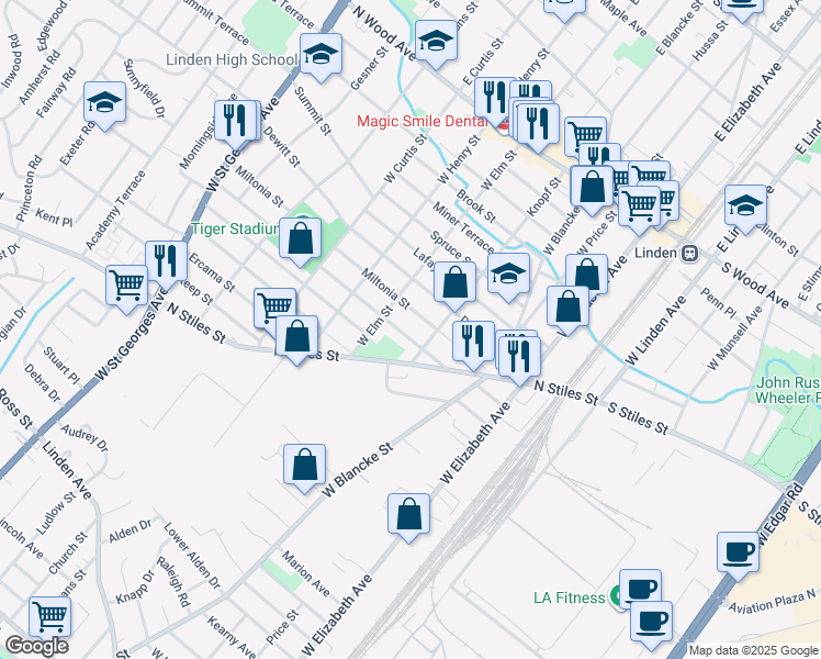 map of restaurants, bars, coffee shops, grocery stores, and more near 426 Laurita Street in Linden