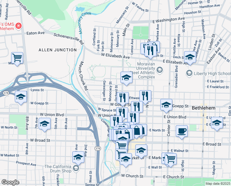 map of restaurants, bars, coffee shops, grocery stores, and more near 117 West Fairview Street in Bethlehem
