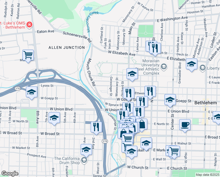 map of restaurants, bars, coffee shops, grocery stores, and more near 215 West Fairview Street in Bethlehem