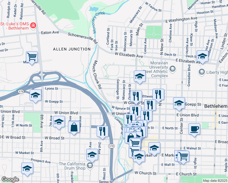 map of restaurants, bars, coffee shops, grocery stores, and more near 251 West Fairview Street in Bethlehem
