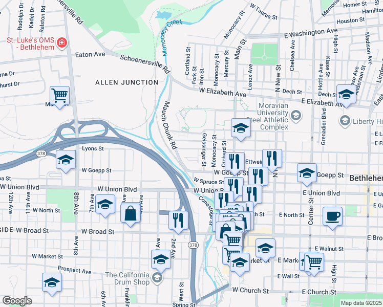 map of restaurants, bars, coffee shops, grocery stores, and more near 251 West Fairview Street in Bethlehem