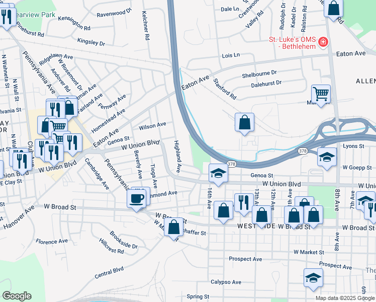 map of restaurants, bars, coffee shops, grocery stores, and more near 931 Stratford Street in Bethlehem