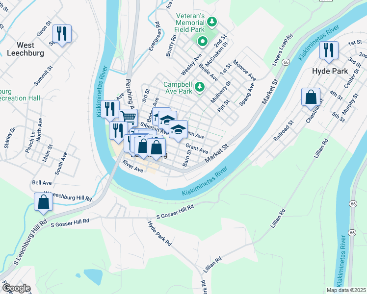 map of restaurants, bars, coffee shops, grocery stores, and more near 326 Grant Avenue in Leechburg