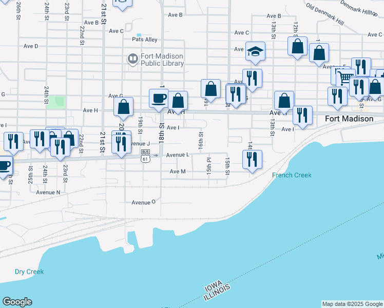 map of restaurants, bars, coffee shops, grocery stores, and more near 1600 Avenue L in Fort Madison