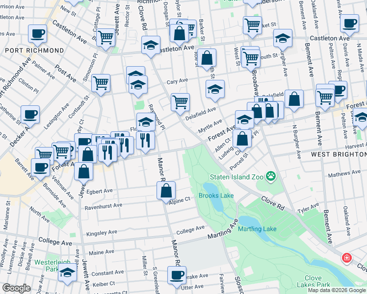 map of restaurants, bars, coffee shops, grocery stores, and more near 993 Forest Avenue in Staten Island