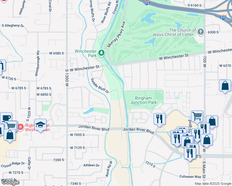 map of restaurants, bars, coffee shops, grocery stores, and more near 6802 Triumph Lane in West Jordan