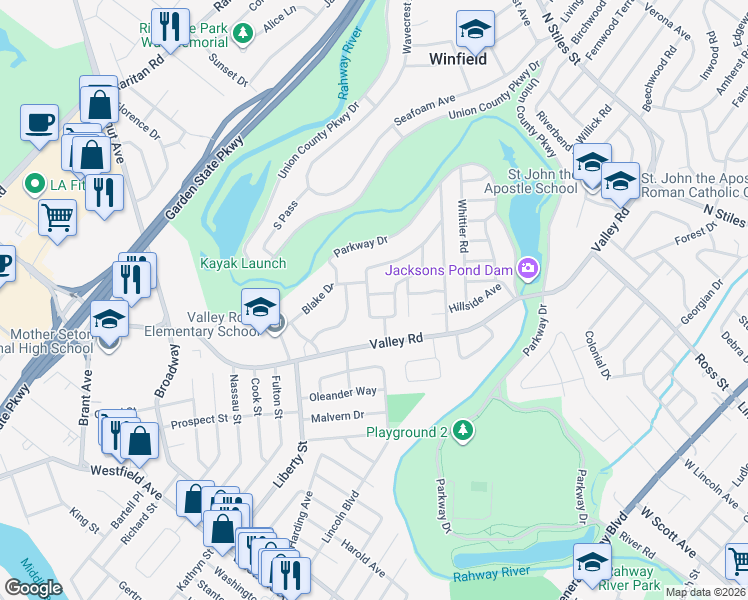 map of restaurants, bars, coffee shops, grocery stores, and more near 305 Sunrise Drive in Clark