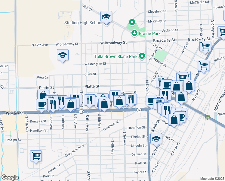 map of restaurants, bars, coffee shops, grocery stores, and more near 220 North 4th Avenue in Sterling