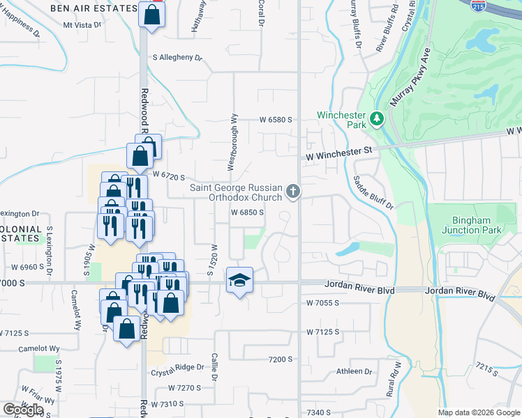 map of restaurants, bars, coffee shops, grocery stores, and more near 6832 McNae Way in West Jordan