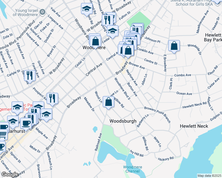 map of restaurants, bars, coffee shops, grocery stores, and more near 22 Willow Road in Woodmere