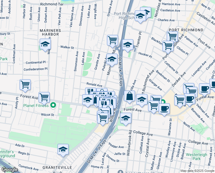 map of restaurants, bars, coffee shops, grocery stores, and more near 445 Morningstar Road in Staten Island