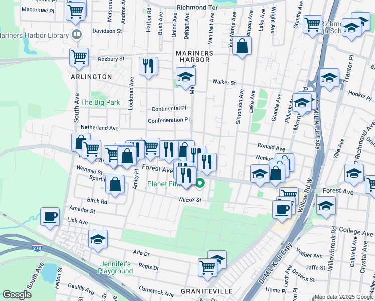 map of restaurants, bars, coffee shops, grocery stores, and more near 242 Maple Parkway in Staten Island