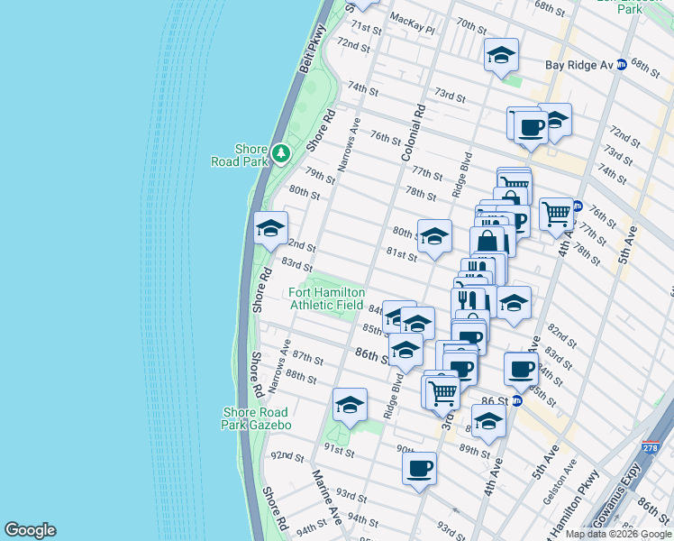map of restaurants, bars, coffee shops, grocery stores, and more near 65 83rd Street in Brooklyn
