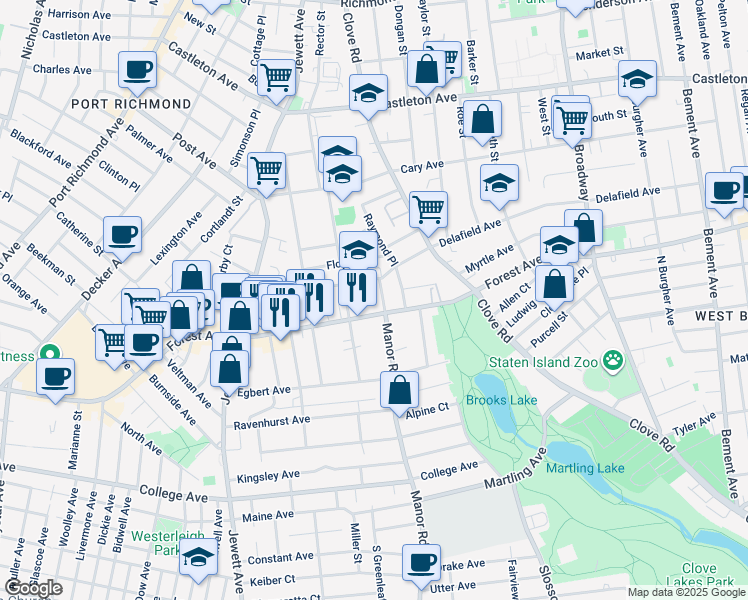 map of restaurants, bars, coffee shops, grocery stores, and more near 30 Manor Road in Staten Island
